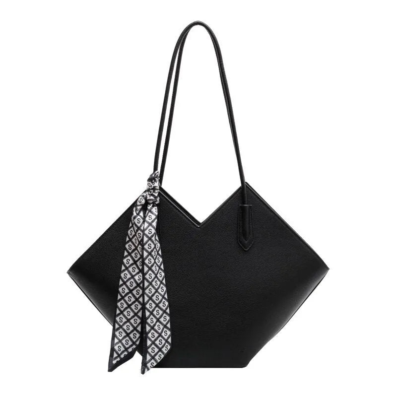Women's black PU leather shoulder bag with 43cm width and sandwich pocket exterior design