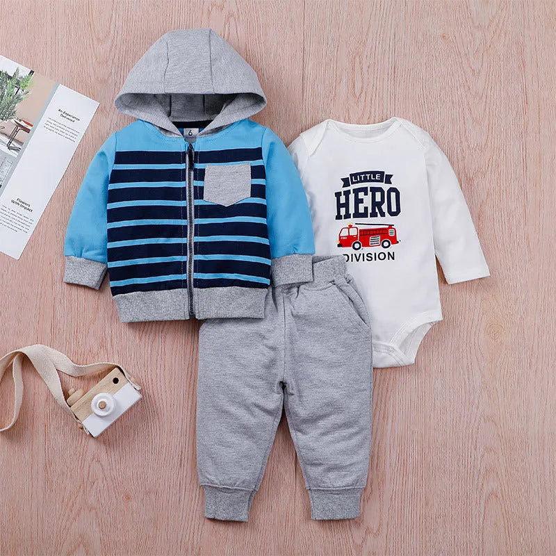 Baby letter print zipper three-piece suit in autumn colours, including coat and trousers, sizes 6M-24M