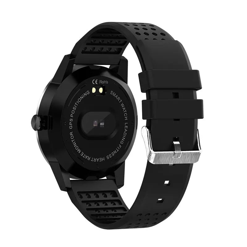 Black smart bracelet with a colour screen showing heart rate data on a wrist.