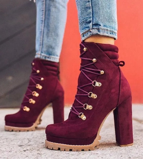 Women's suede Roman-style high heel winter boots in army green with belt buckle details and waterproof platform