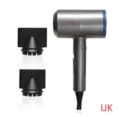 2000W hotel hair dryer with long cable in metallic black, showing UK plug