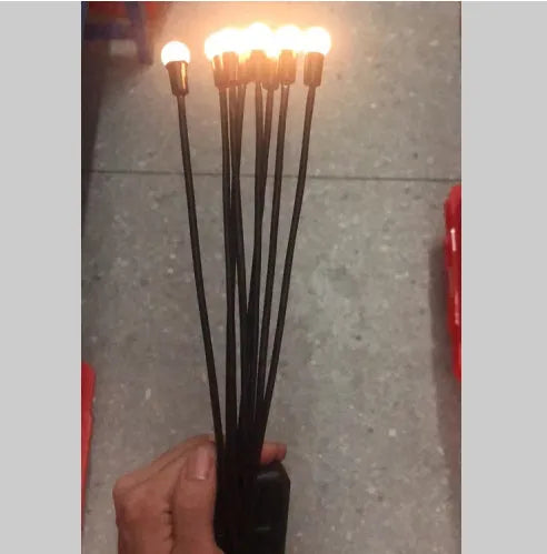Solar-powered LED ground spike garden light with multiple heads and stainless steel soil plug.