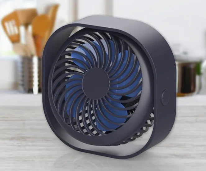 USB desk fan with alarm clock showing 360-degree rotation and rotary switch in blue colour
