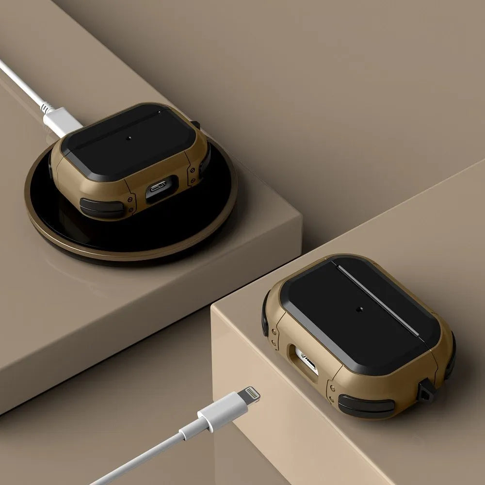 TPU and PC protective shell for Apple AirPods in multiple colour options on a white background.