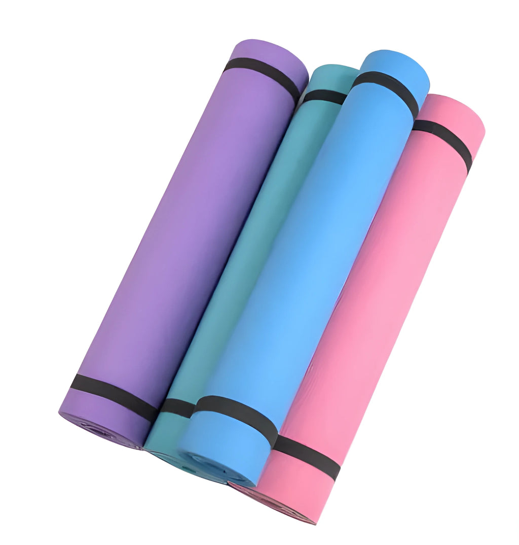 EVA yoga mat in red showing rolled and flat positions, demonstrating 4mm and 6mm thickness options.