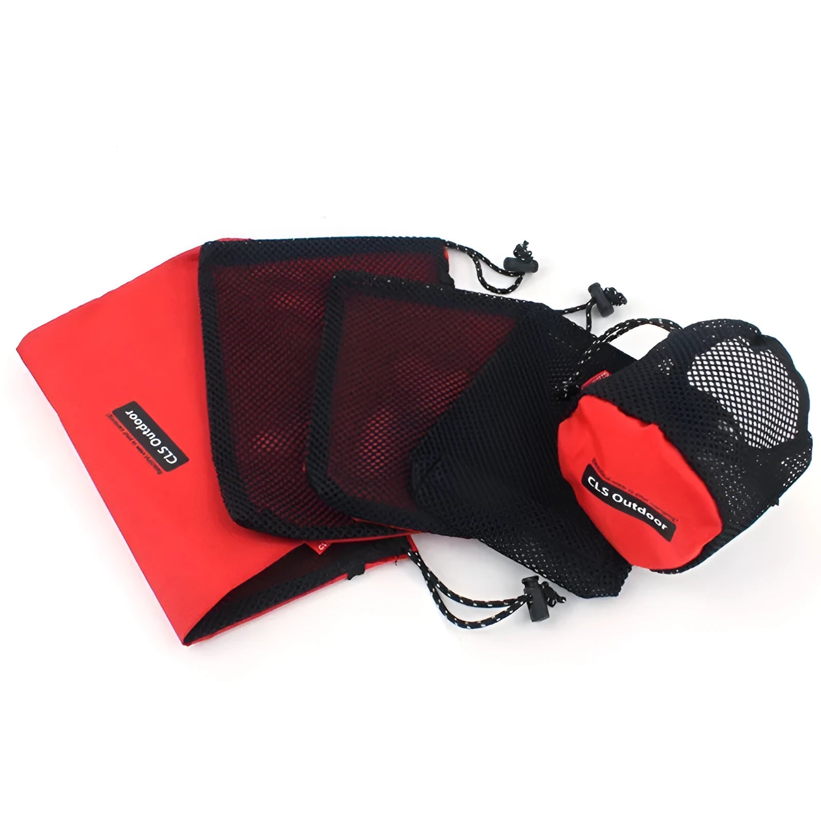 Red outdoor travel storage bag set with 5 pieces showing mesh panels and zipper closures