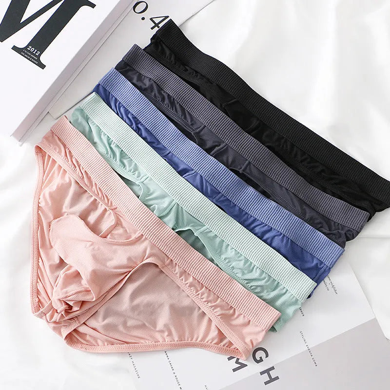 Men's low waist ice silk briefs in black, grey, light green, pink, and purplish blue colours.