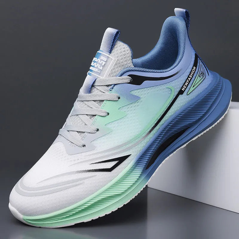 Men's black and blue fly woven mesh casual sneakers with a round toe and low platform sole.