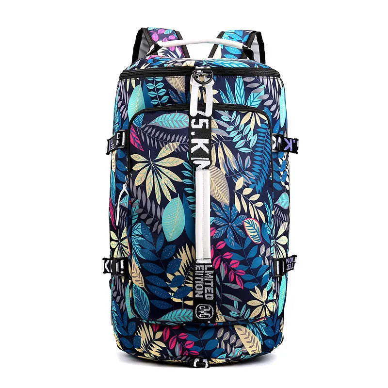 Black waterproof nylon backpack with combination lock, shown as a backpack and shoulder bag, featuring multiple pockets.