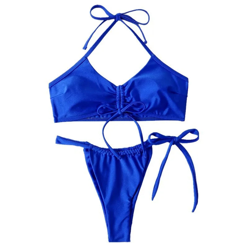 Blue polyester neck-hanging two-piece bikini set for women with matching shorts