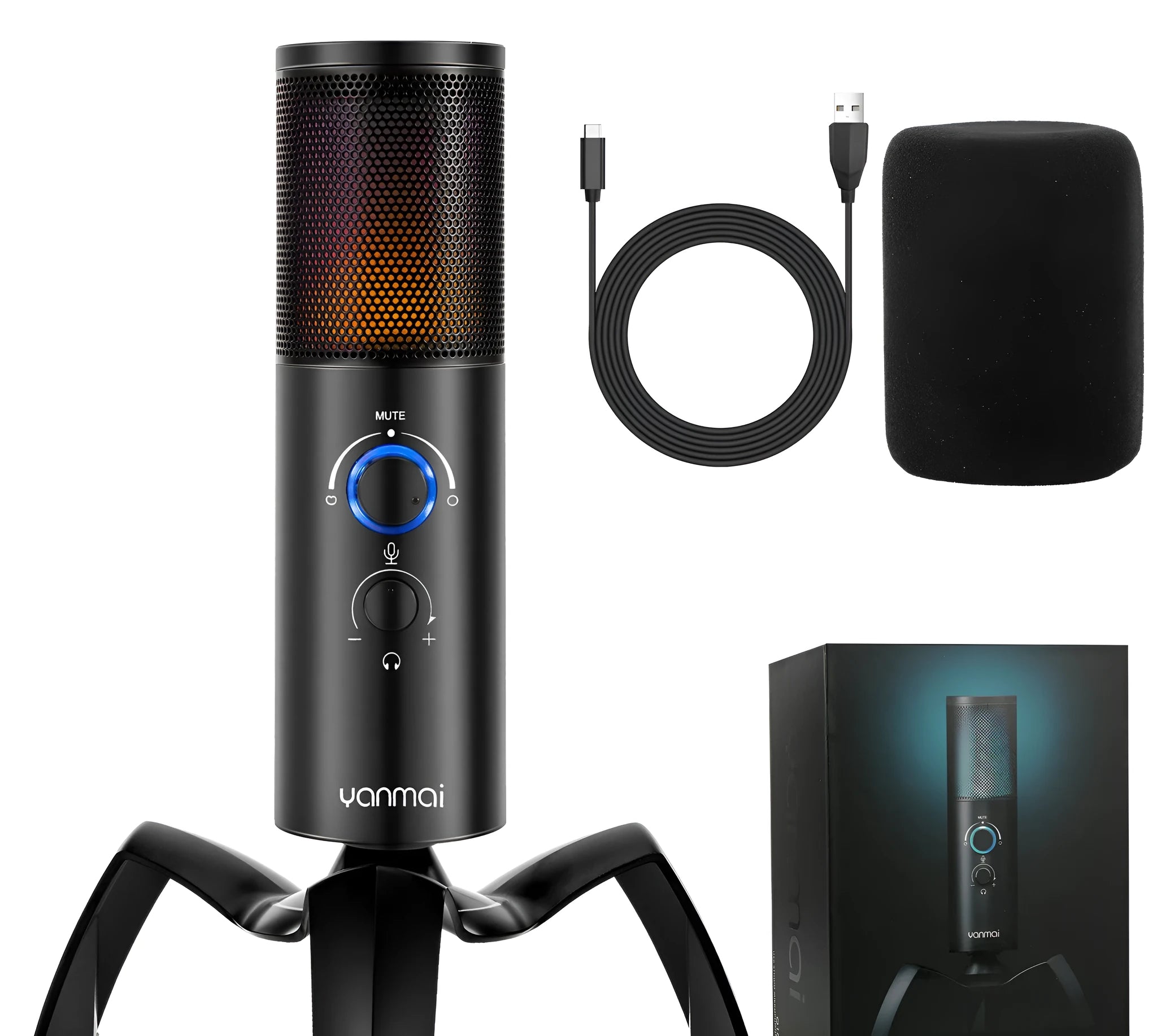 Q18 black USB condenser microphone with RGB lights on adjustable tripod stand