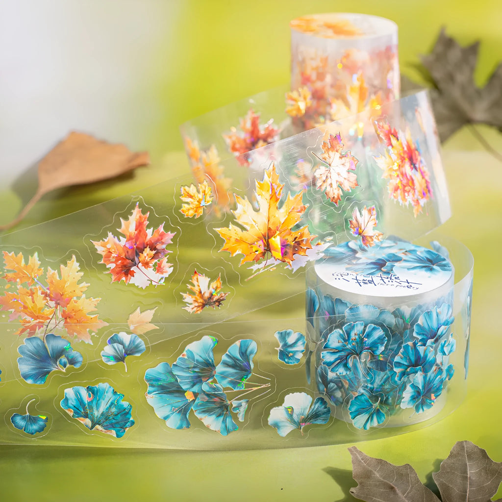 Roll of Deciduous Poetry Series decorative stickers showing autumn leaf patterns, 40mm wide.