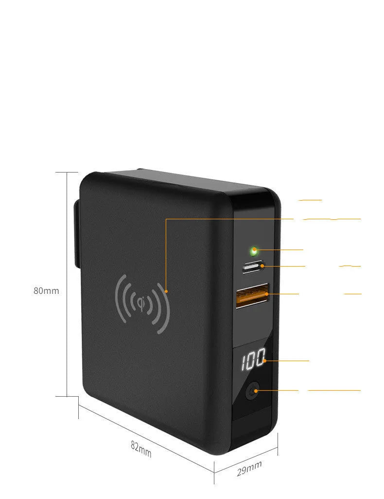 Black and white QI wireless charging power bank with PD20W fast charging and international travel plugs