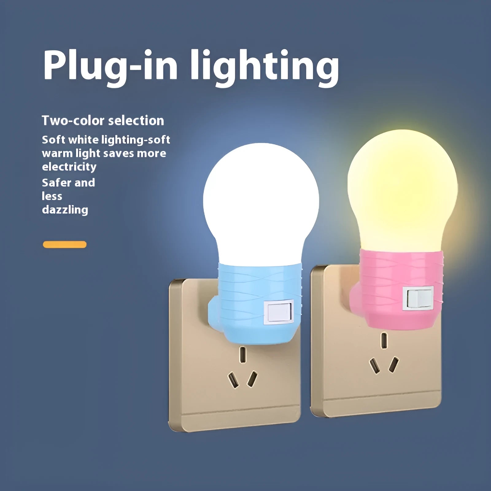 Plug-in bedside baby night light in white, blue, or pink shell with round design on a table