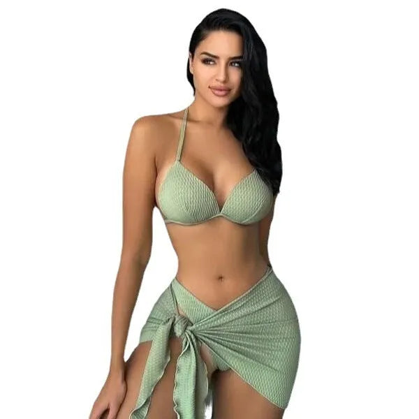 Women's sexy Russian split three-piece swimsuit set in a solid colour, shown with top, skirt, and panties.