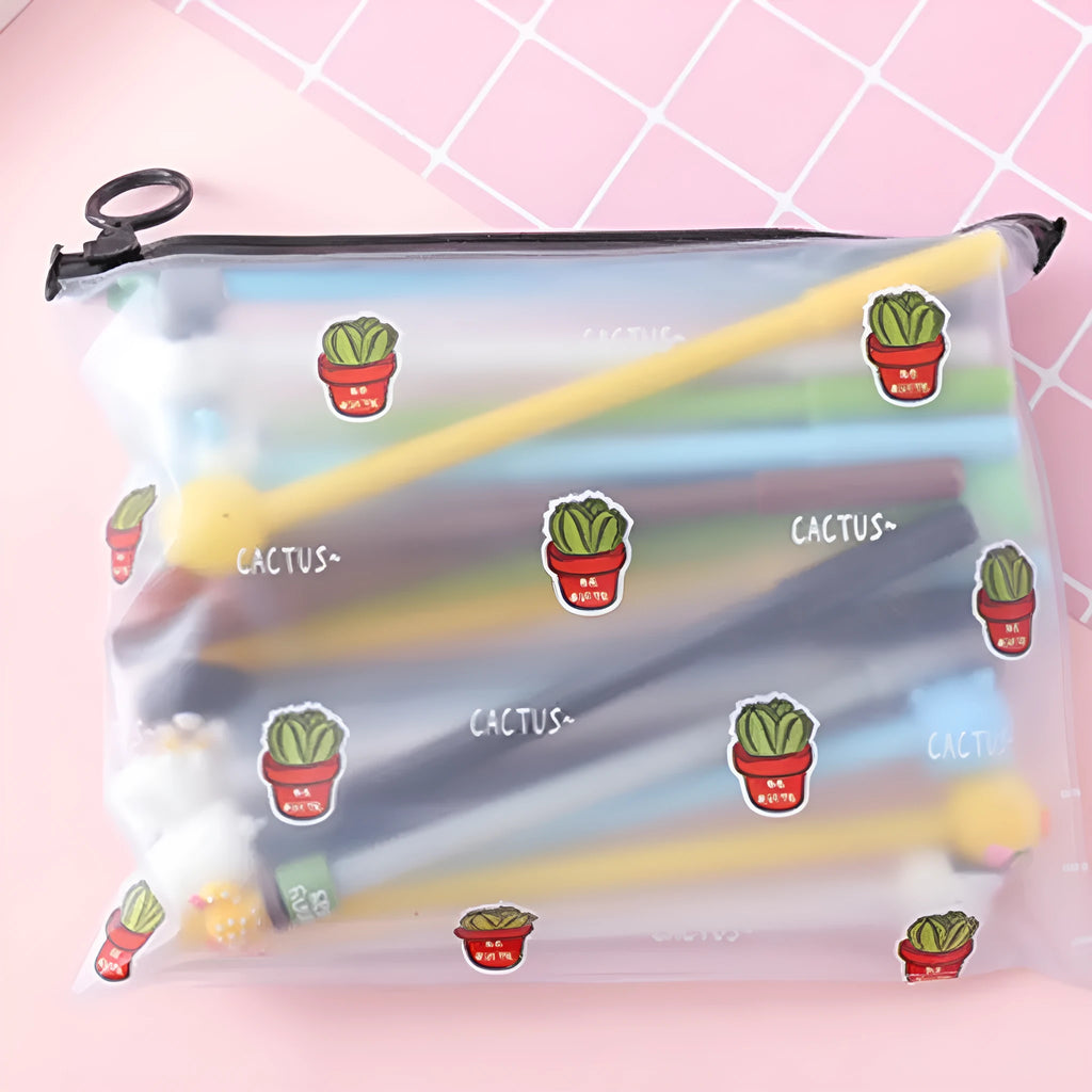 Marvel plastic pen case open showing twenty cartoon cactus design 0.5mm black pens inside.