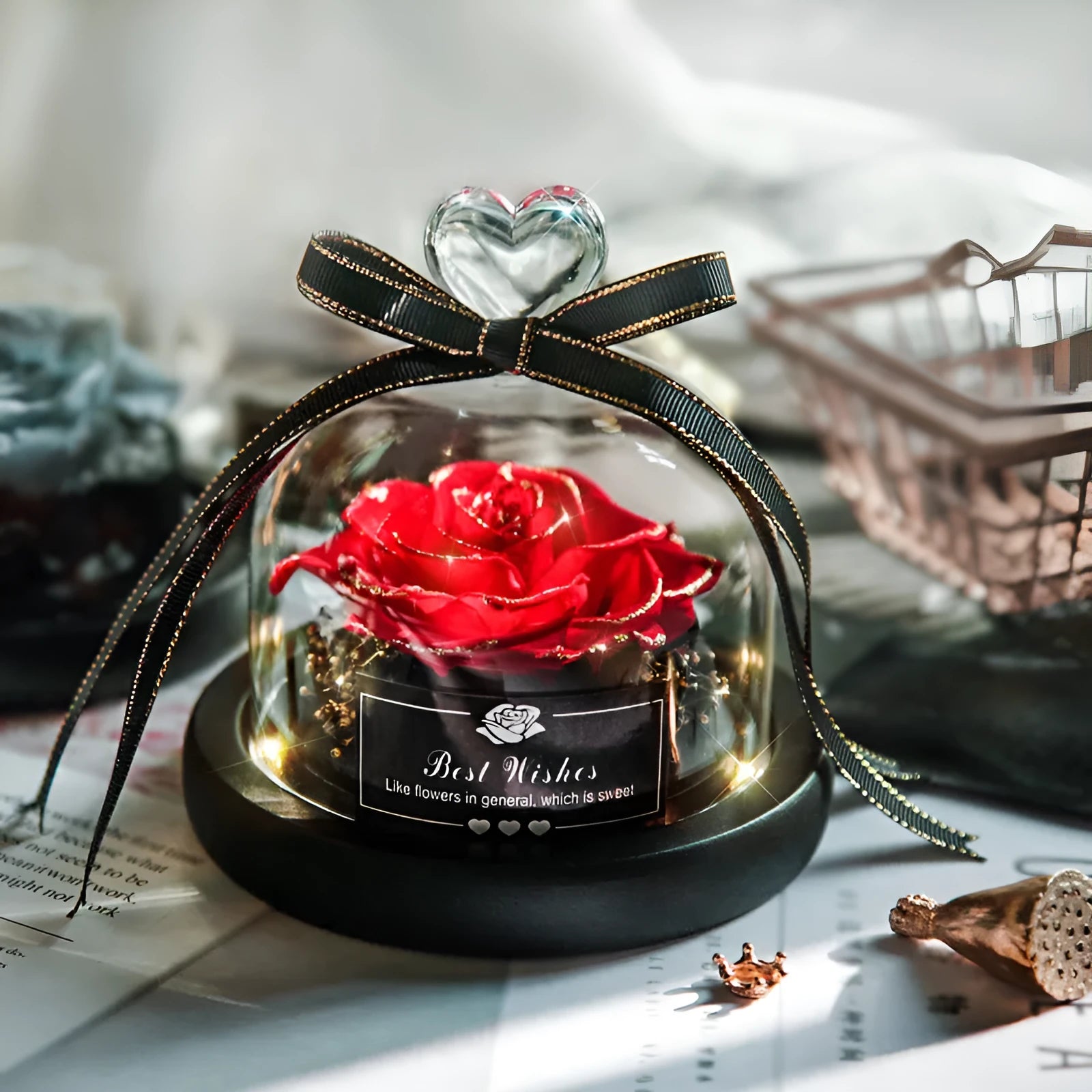 Eternal real rose in glass case with LED, 13cm, classic red colour option for home decor