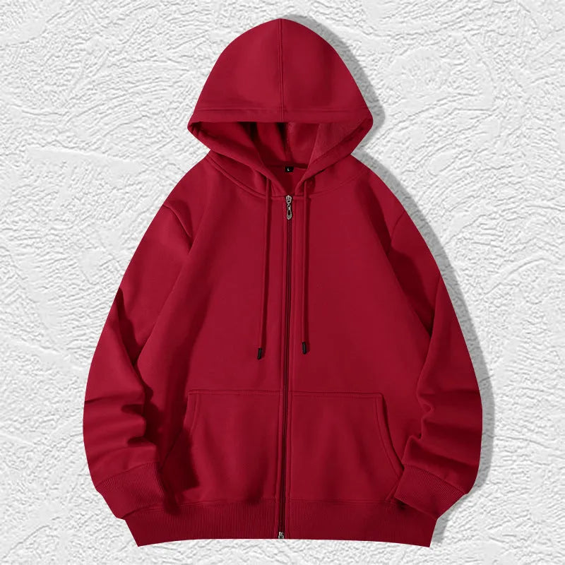 Plus size man wearing a beige zipper hooded cardigan sweater in a loose fit.