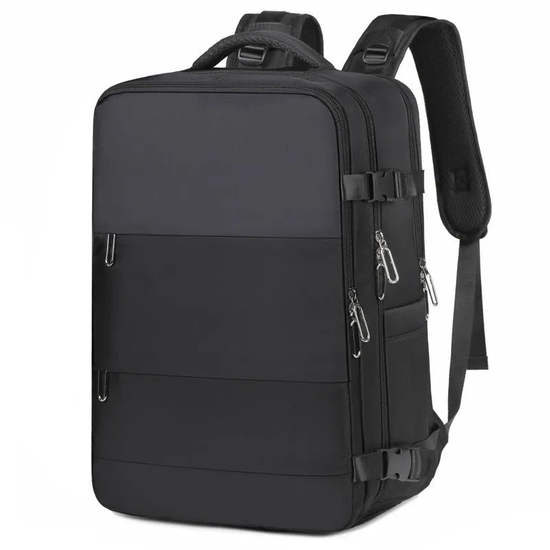 Large purple Oxford cloth travel backpack with multiple compartments and an air pillow belt on the straps.