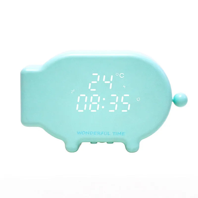 Blue LED alarm clock with USB charging port and temperature display on bedside table