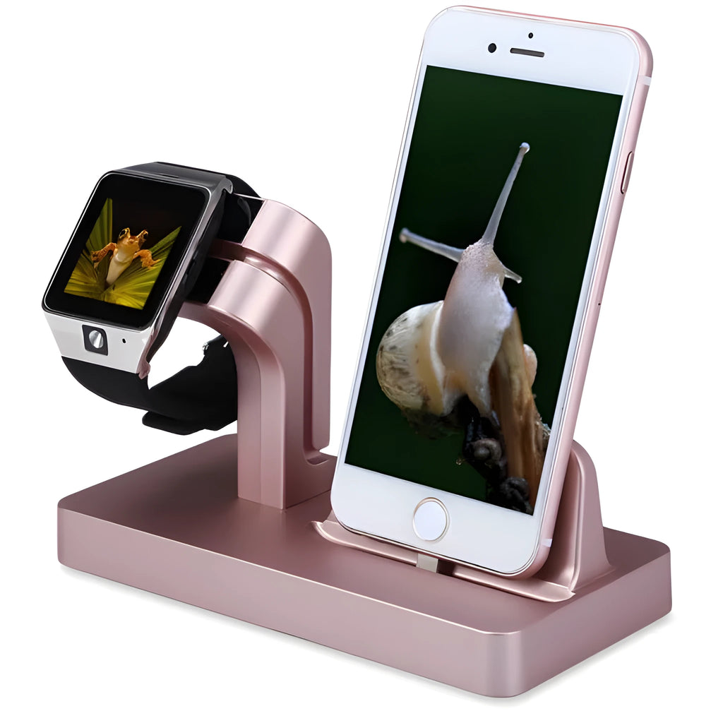 White 2-in-1 charging dock station holding an iPhone and an Apple Watch on a desk