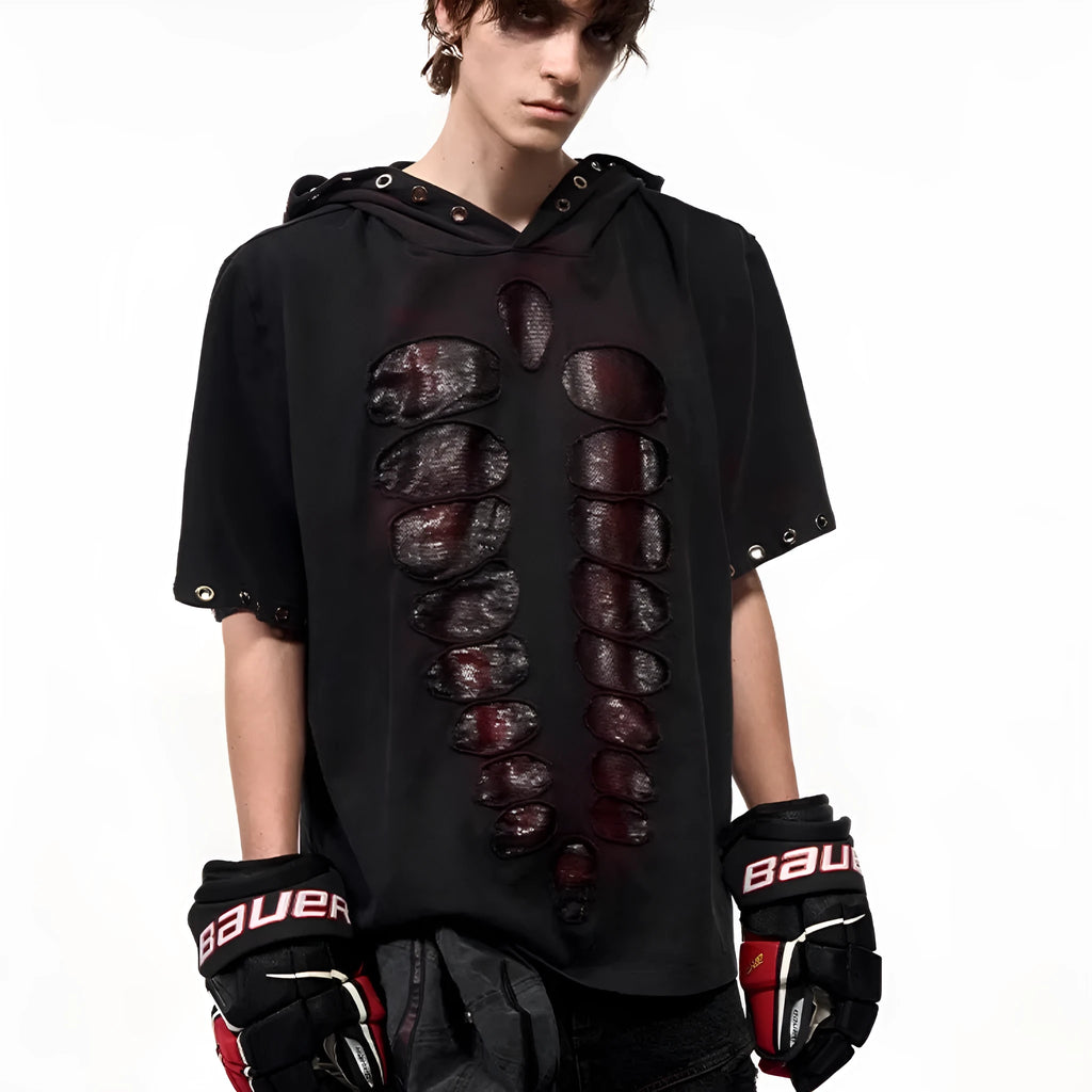 Black men's short sleeve t-shirt with hood and sequin detailing in loose fit style