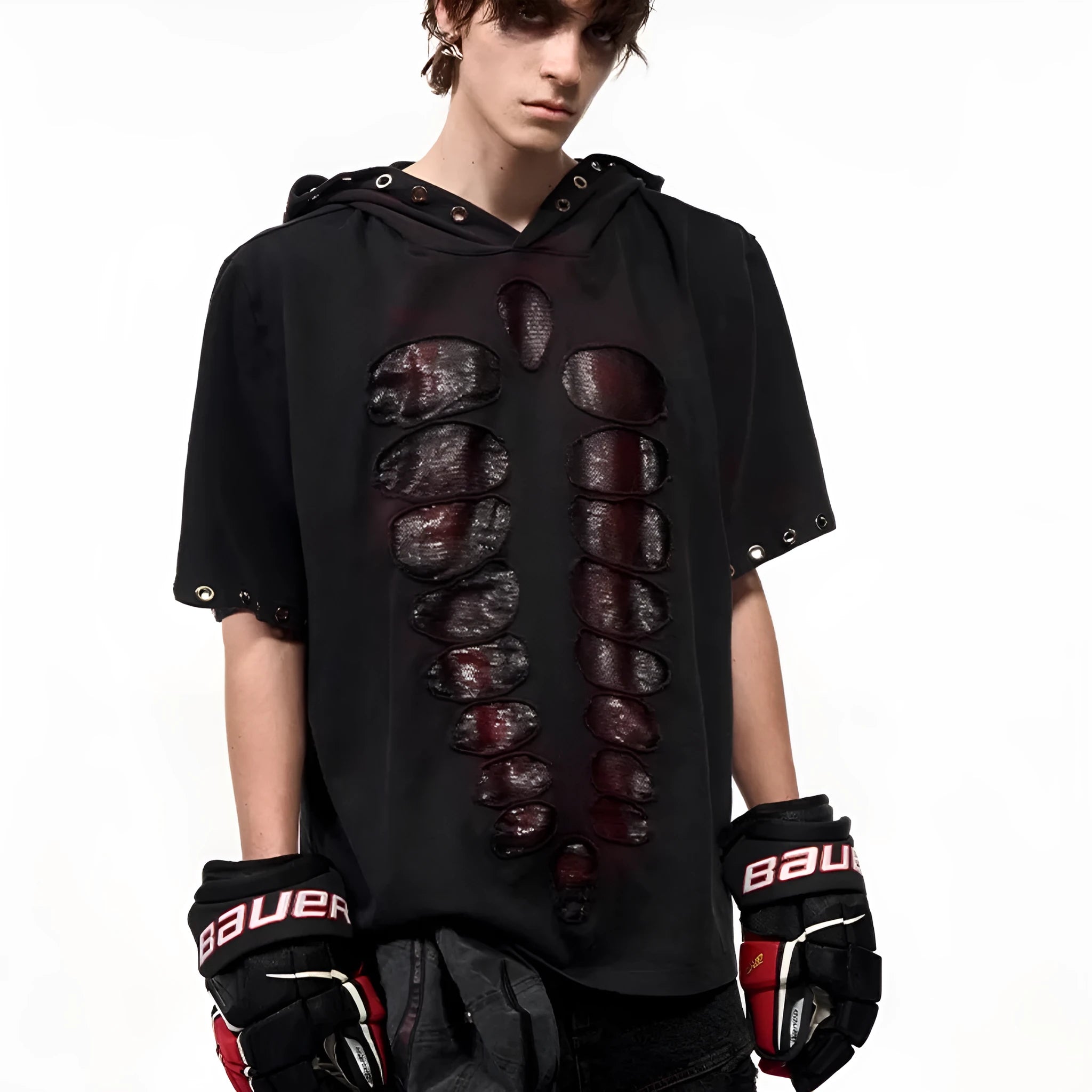 Black men's short sleeve t-shirt with hood and sequin detailing in loose fit style