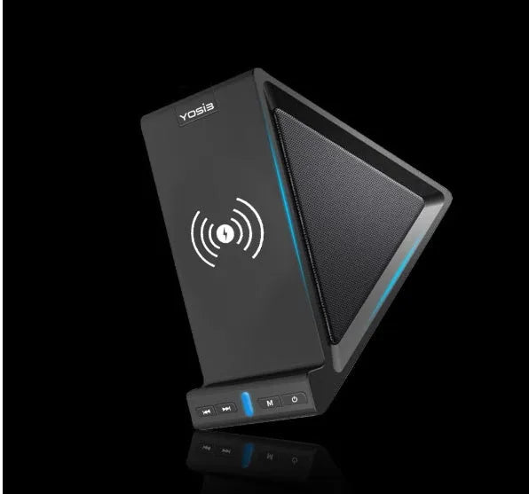 Black multifunctional Bluetooth speaker unit with integrated wireless charging pad and phone stand.