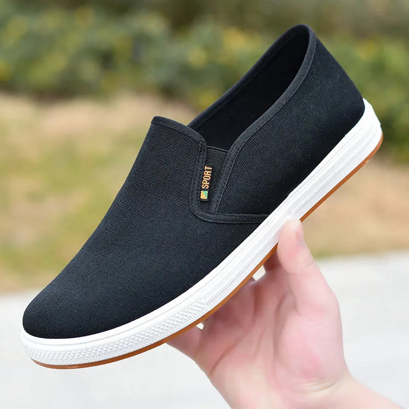 Men's black and blue slip-on canvas cloth shoes with round toe and shallow mouth design
