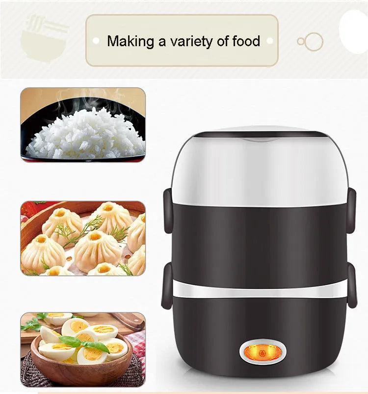USB-powered electric food warmer lunch box with 190mm cube dimensions and dual capacity options