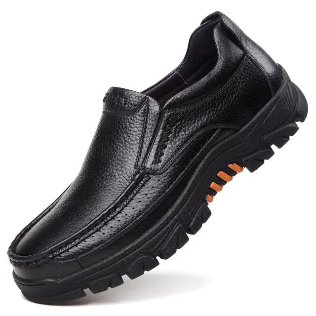 Black and brown cowhide leather business casual slip-on shoes with rubber soles