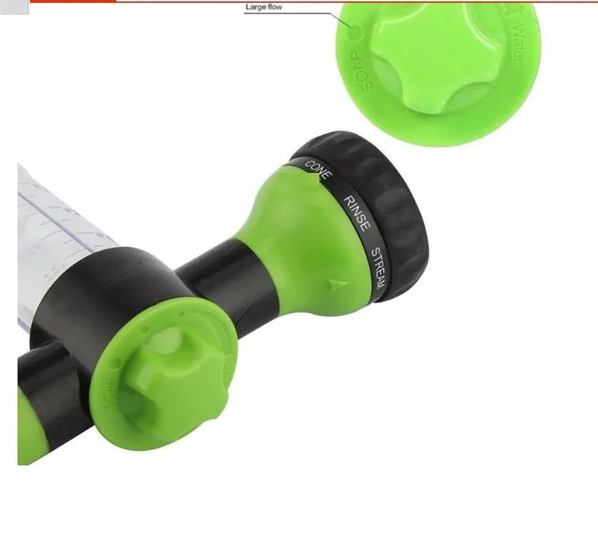 Green high pressure foam spray gun with adjustable nozzle for car washing and household cleaning.