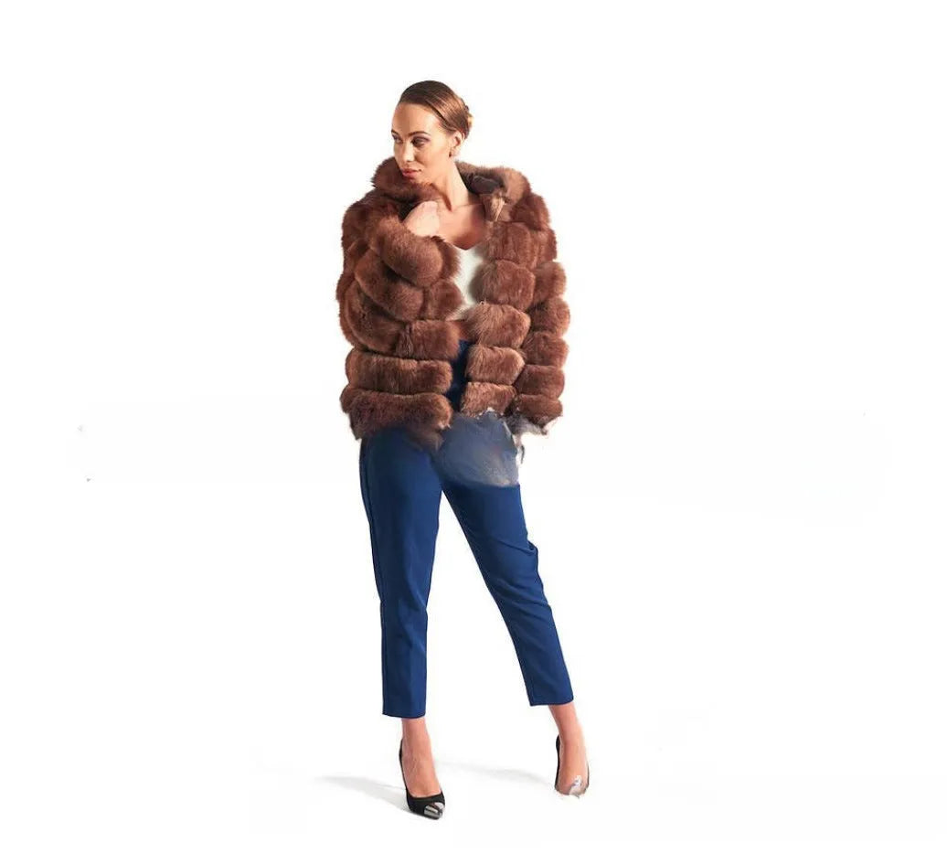Women's artificial fur hooded coat in street fashion style, shown in brown and white silver fox colour options