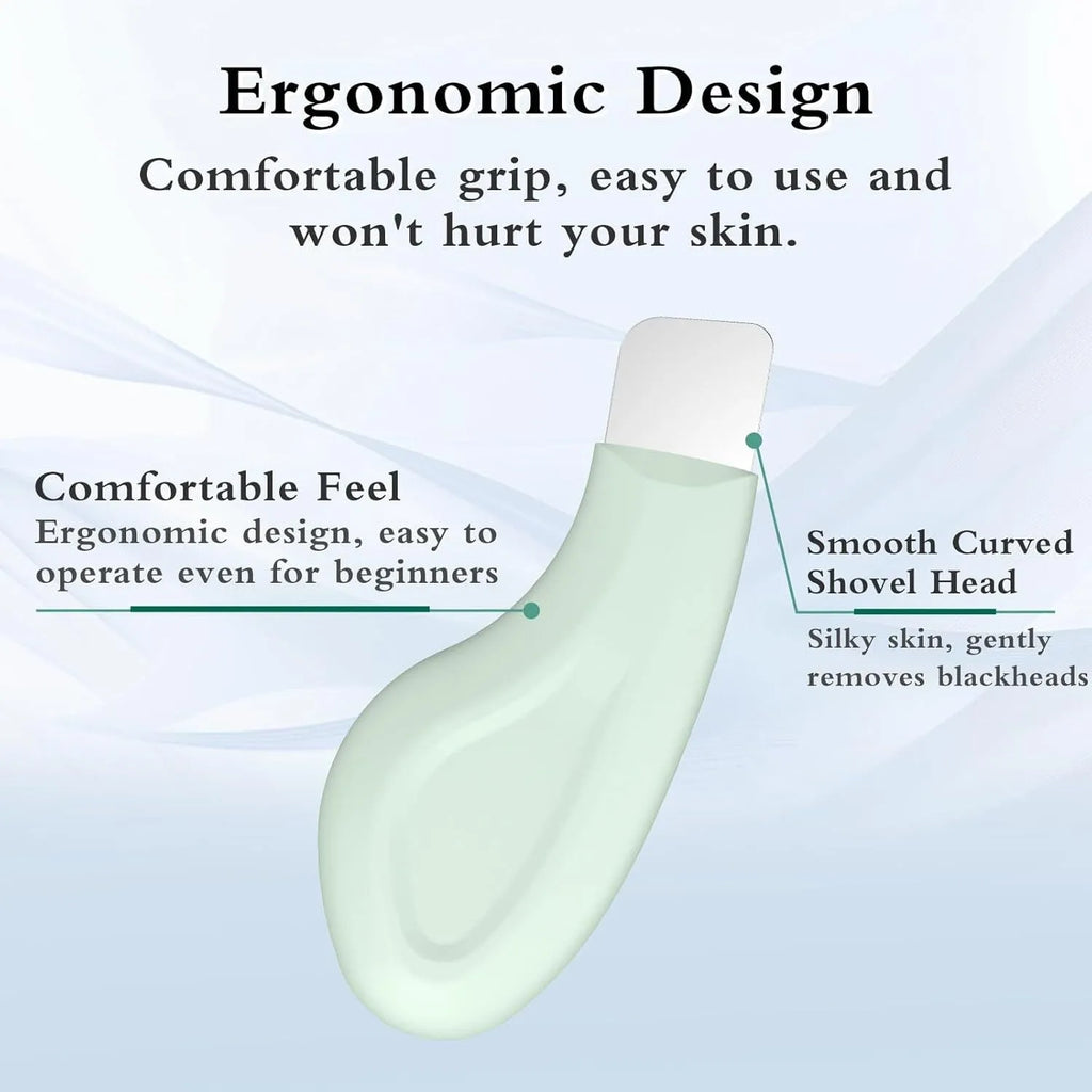 Stainless steel facial blackhead scraper tool with a black silicone non-slip handle.