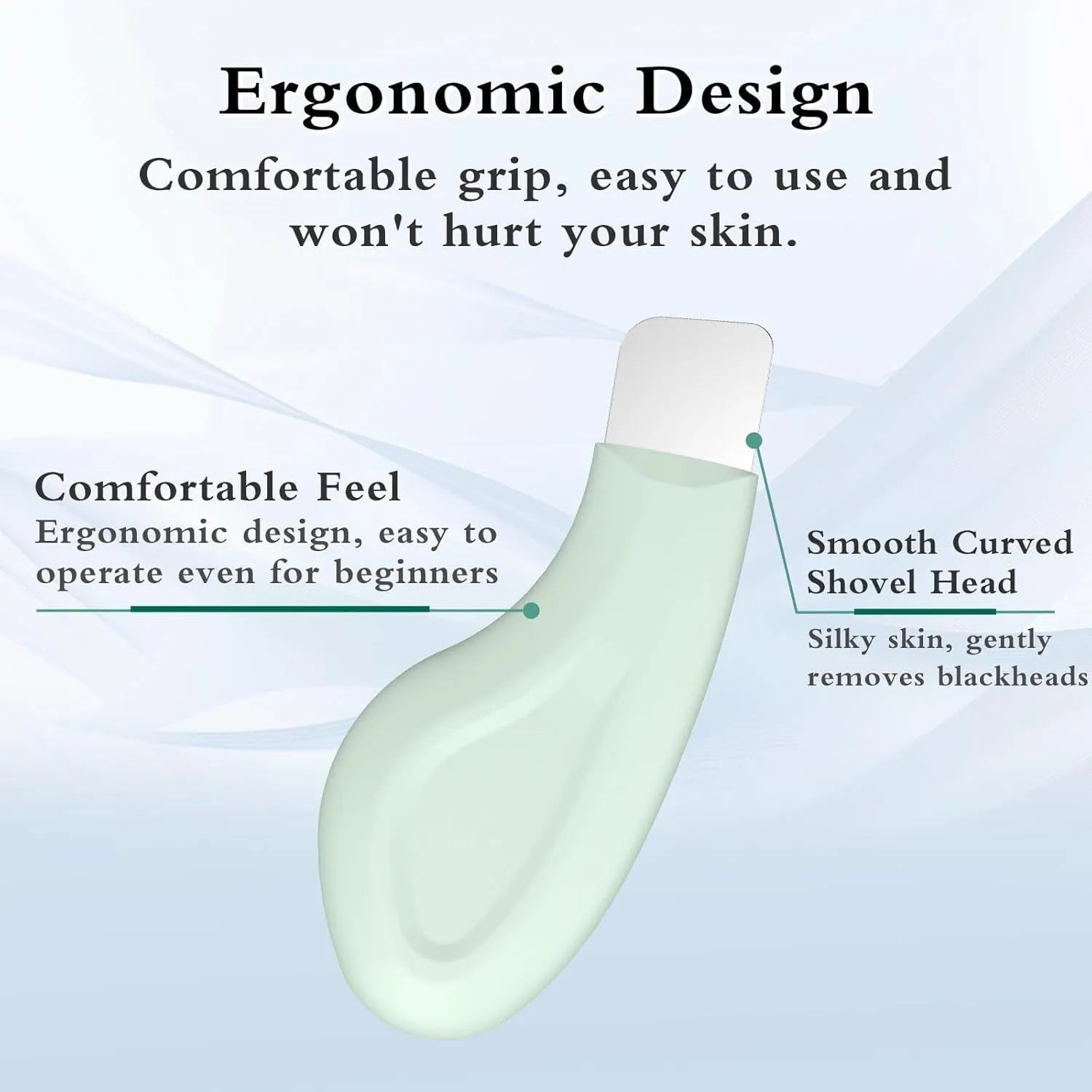 Stainless steel facial blackhead scraper tool with a black silicone non-slip handle.