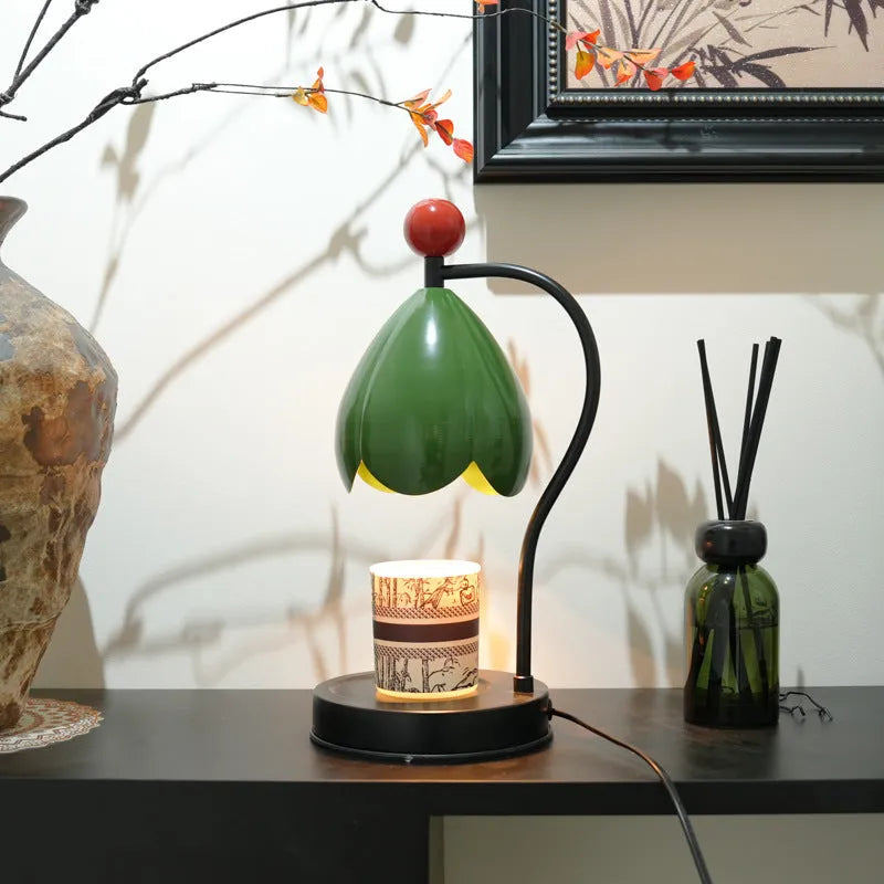 Linglan ancient style wax melting lamp with metal base in cream white or dark green