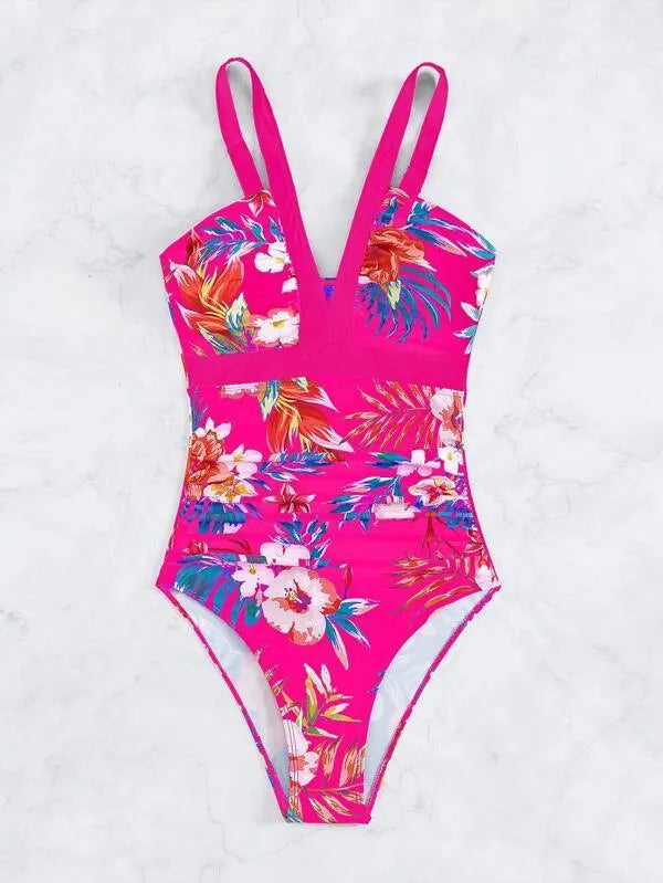 Women's floral printed backless one-piece swimsuit in spandex fabric