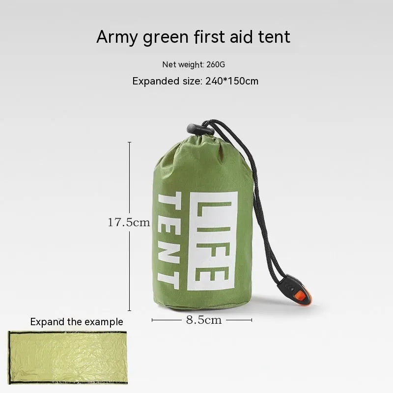Portable orange emergency tent with sleeping bag and whistle for disaster relief camping