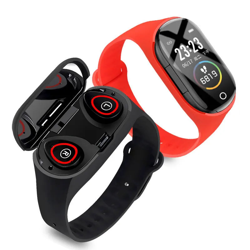 Blue smart bracelet and wireless earphone combo with 1-inch screen on a silicone wristband.