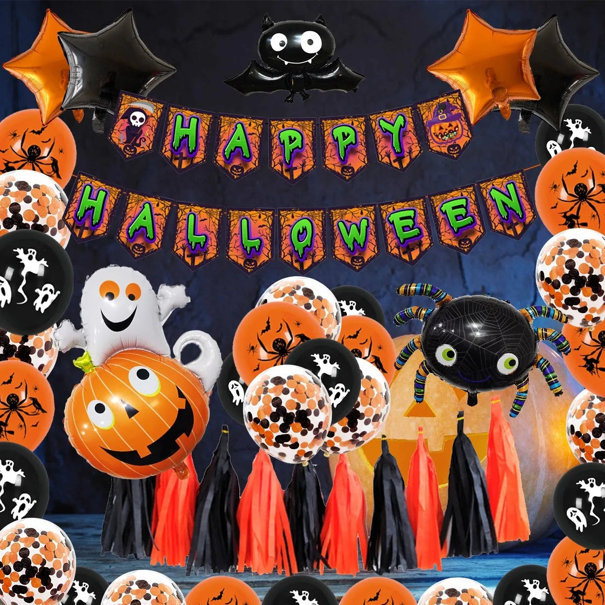 Halloween spider balloon arch combo with white and black skull and pumpkin latex balloons