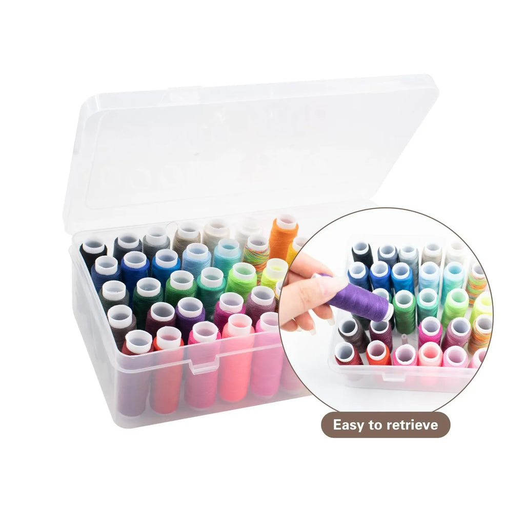 Transparent plastic storage box with 42 small compartments for organising sewing threads and embroidery floss.