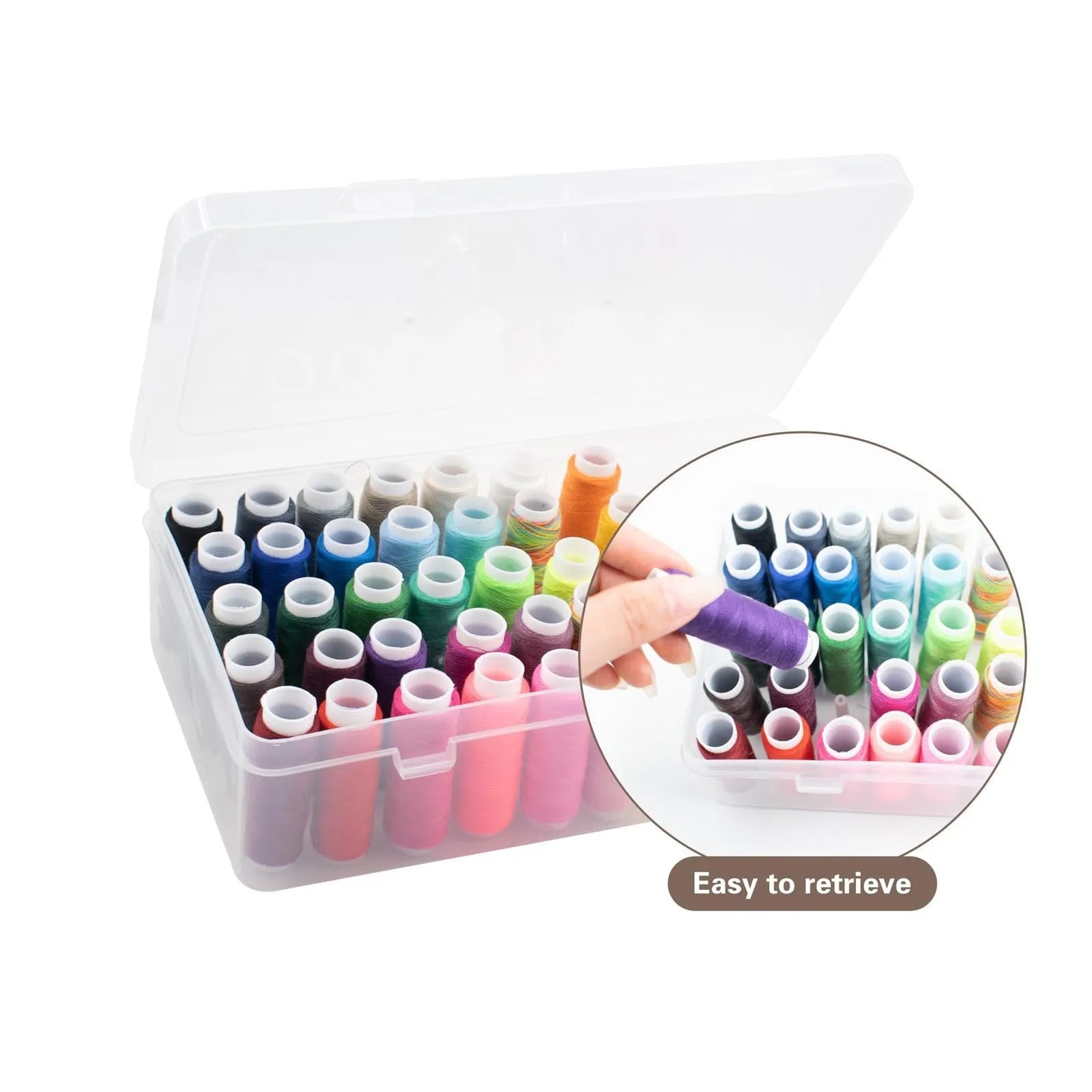 Transparent plastic storage box with 42 small compartments for organising sewing threads and embroidery floss.