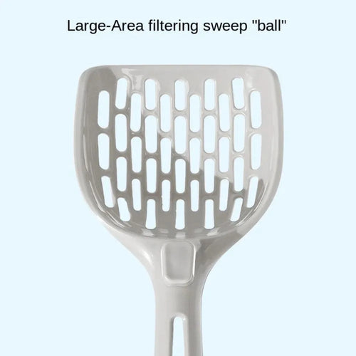 Grey plastic cat litter scoop with handle and stand-up base.