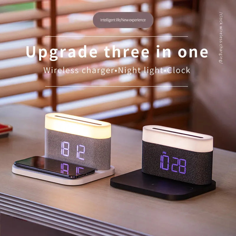 Black wireless charging desktop station with digital clock display and night light function