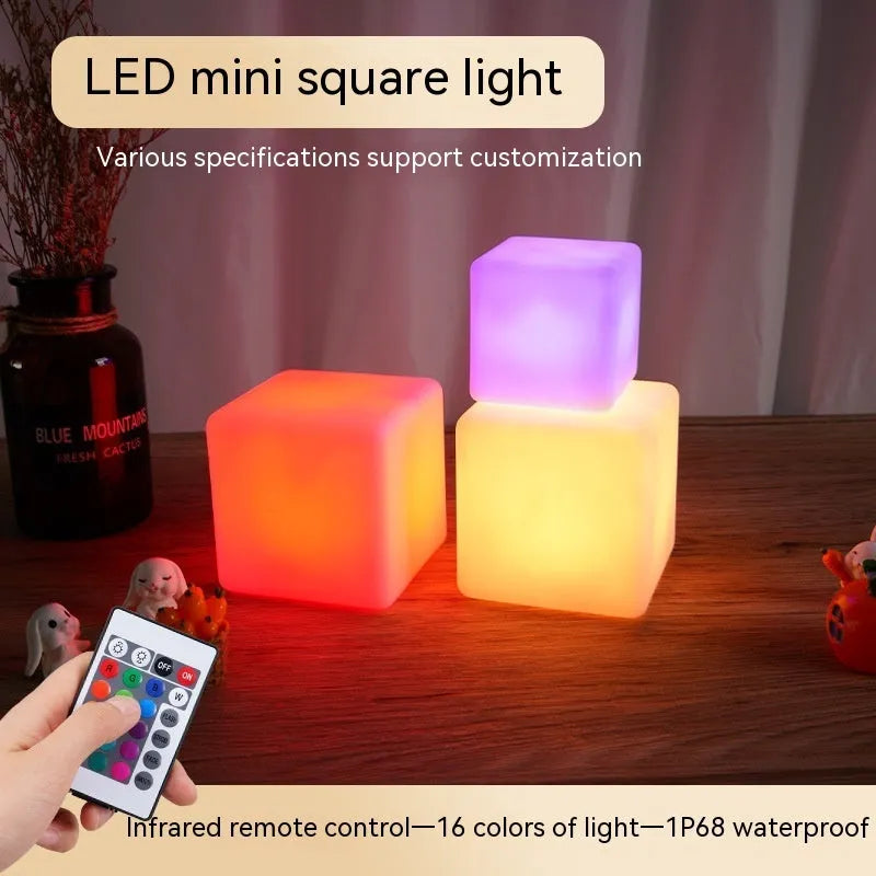 Small square seven-colour LED night light in European style, shown in 60mm and 80mm sizes.
