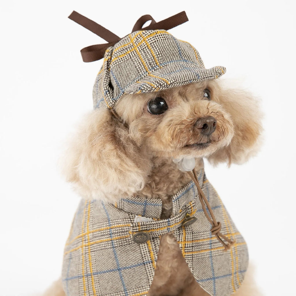Camel-coloured detective suit style pet cloak with adjustable hat for dogs or cats