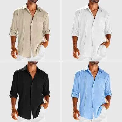 Men's solid colour long-sleeve shirt with a polo collar and a chest pocket on the left side.