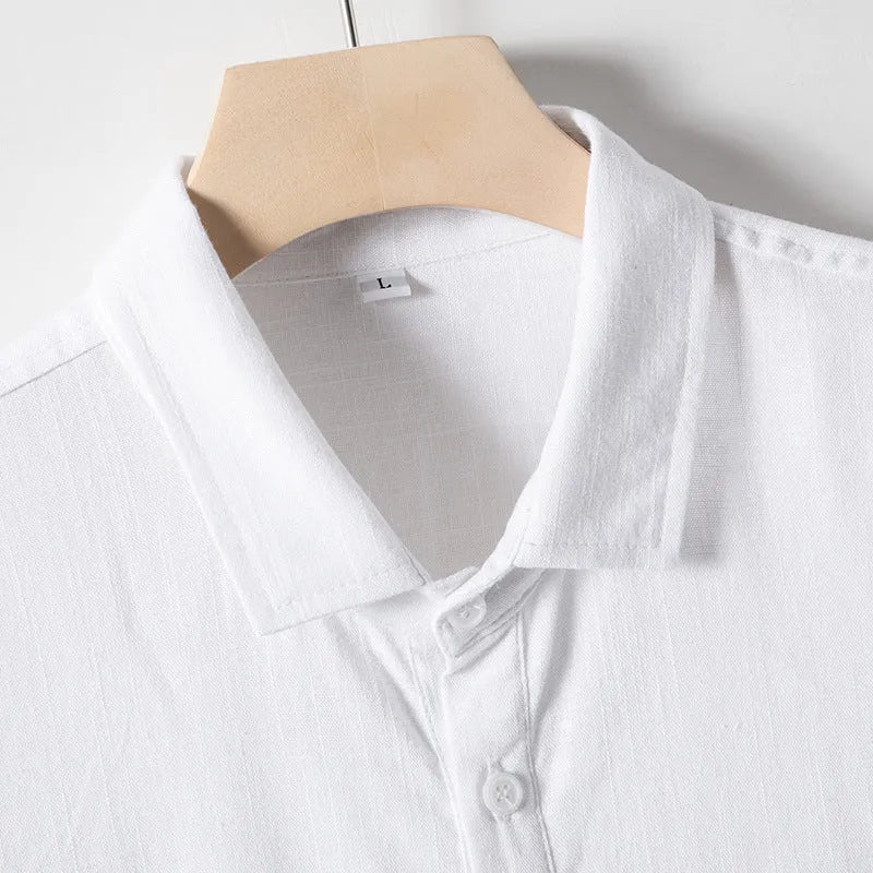 Men's loose fit short sleeve linen blend t-shirt in solid colour with lapels