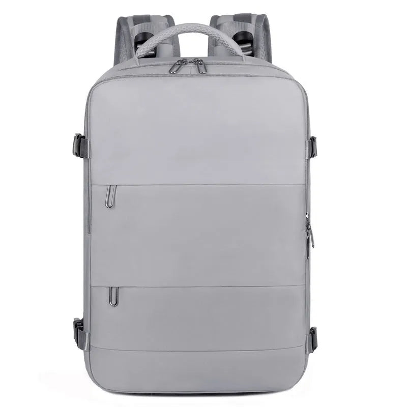Large purple Oxford cloth travel backpack with multiple compartments and an air pillow belt on the straps.