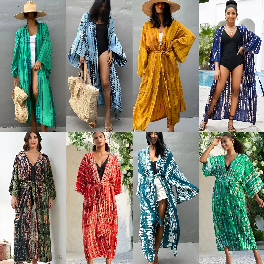 Woman wearing a printed cotton beach cover-up blouse in a DN0712 series colour.